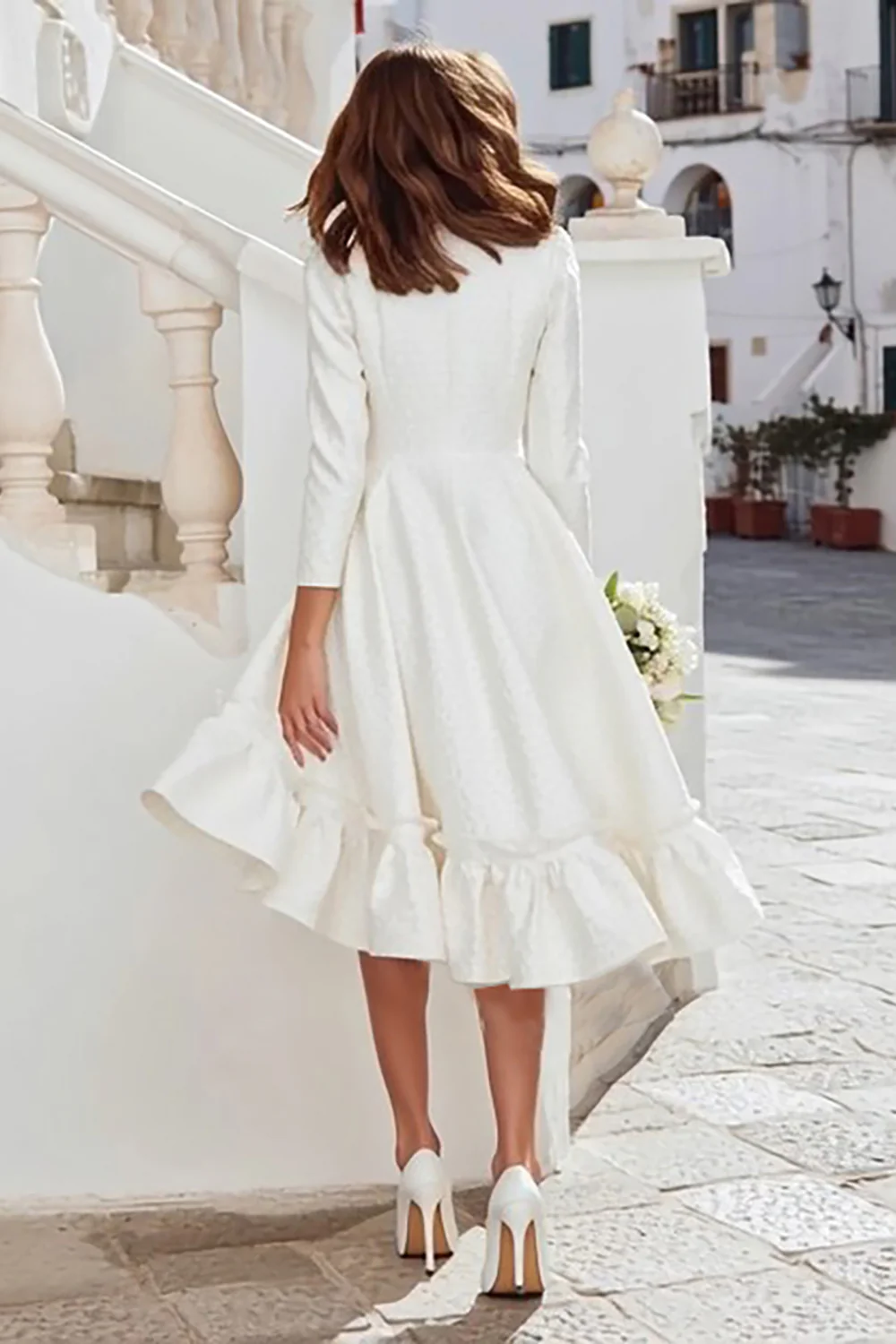 Ivory Round Neck A Line Midi Rehearsal Dinner Dress with Sleeves - VNBITS