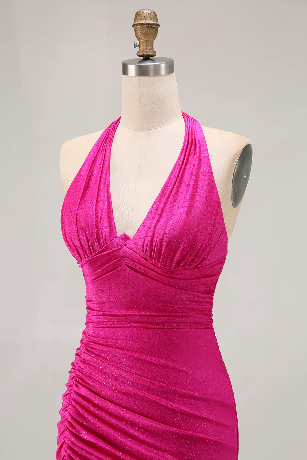 Fuchsia Glitter Halter Mermaid Ruched Long Prom Dress with Slit - VNBITS