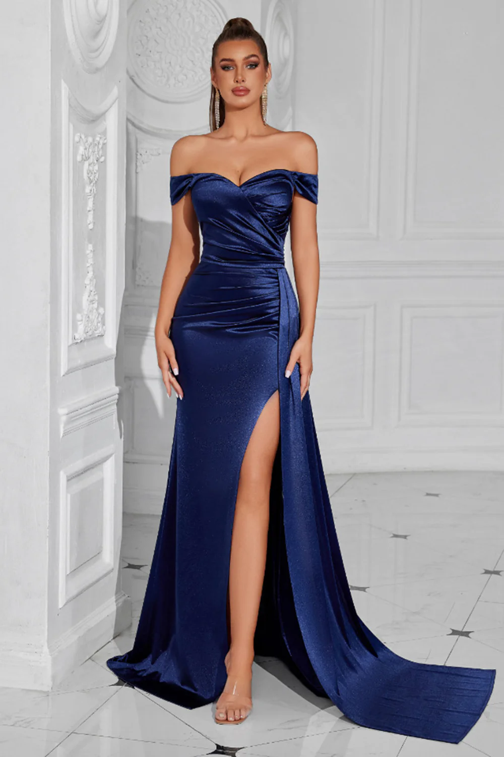 Dark Green Mermaid Off The Shoulder Ruched Long Prom Dress with Slit - VNBITS
