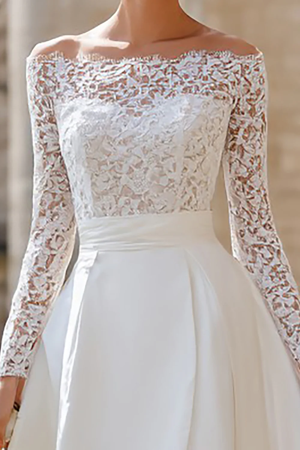 Ivory Off the Shoulder High Low Boho Wedding Dress with Lace - VNBITS