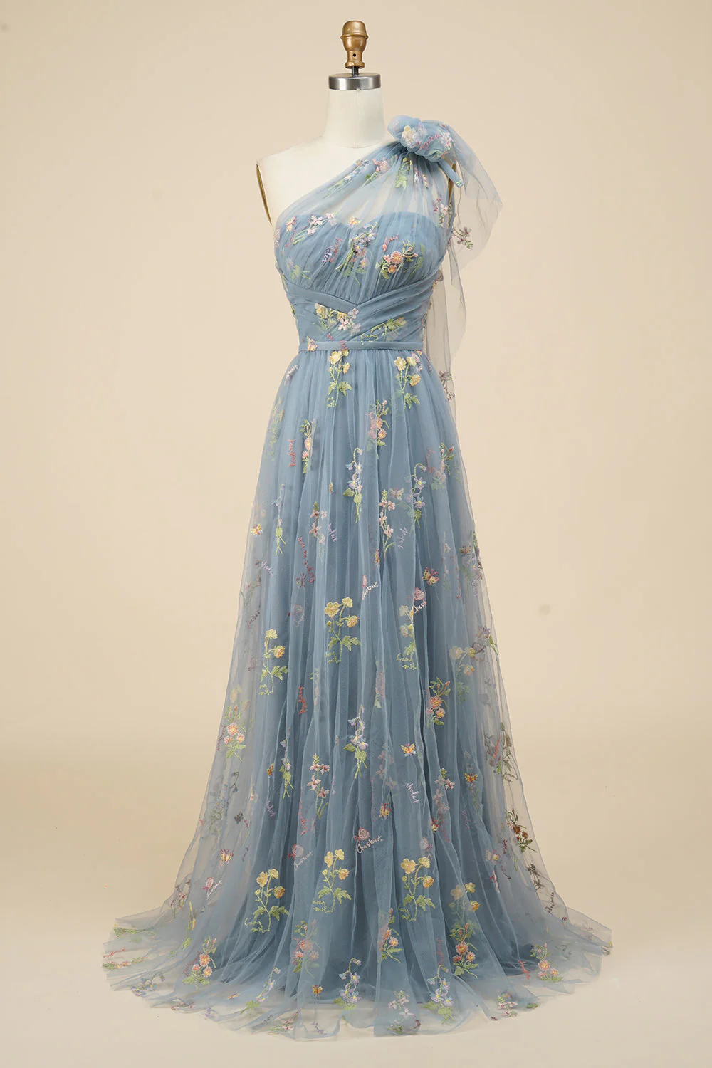 A-Line Grey Blue Long Prom Dress With Embroidery - VNBITS