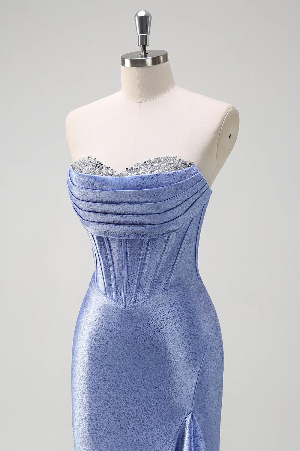 Sparkly Grey Blue Sweetheart Mermaid Long Prom Dress with Ruffles - VNBITS