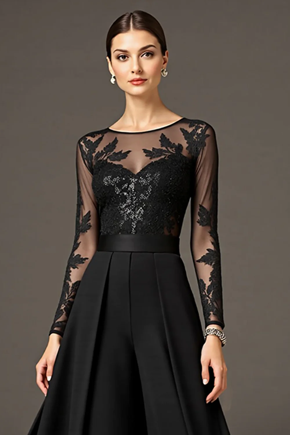 Black A Line Chiffon Long Mother of the Bride Jumpsuits with Lace - VNBITS