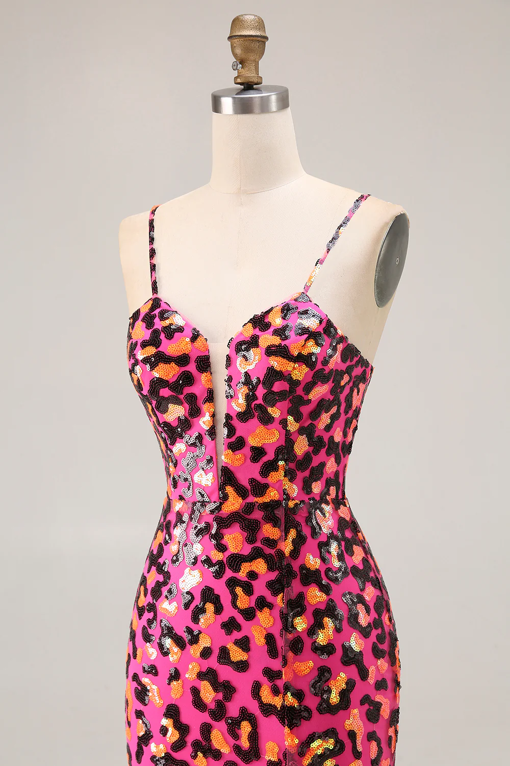Sparkly Fuchsia Leopard Mermaid Long Prom Dress with Slit - VNBITS