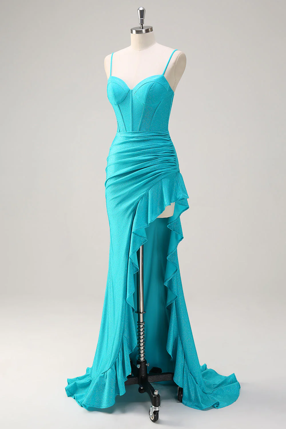 Blue Spaghetti Straps Mermaid Beaded Long Corset Prom Dress with Ruffle Slit - VNBITS