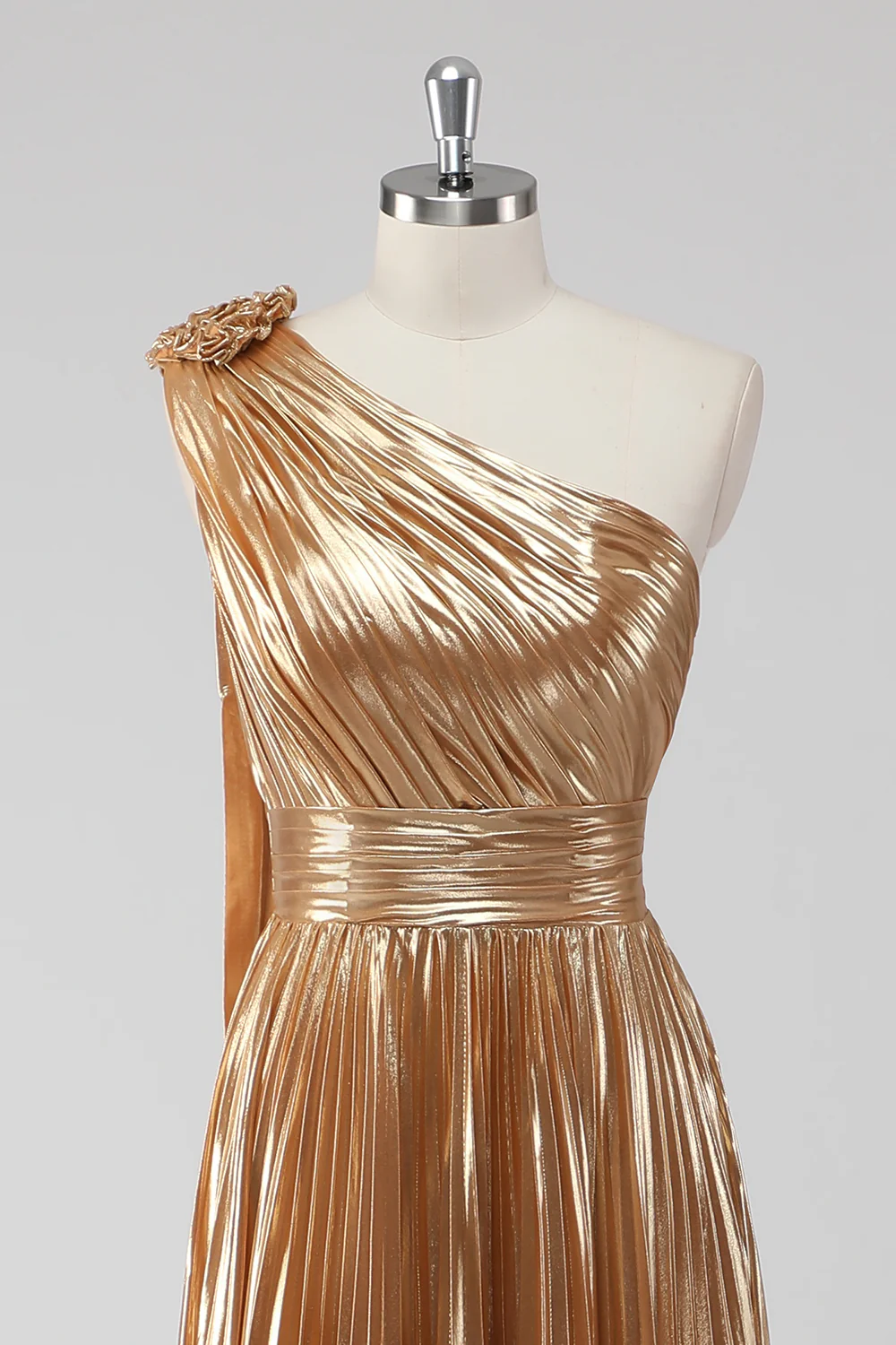 Golden Metallic Satin One Shoulder A-Line Formal Dress - VNBITS