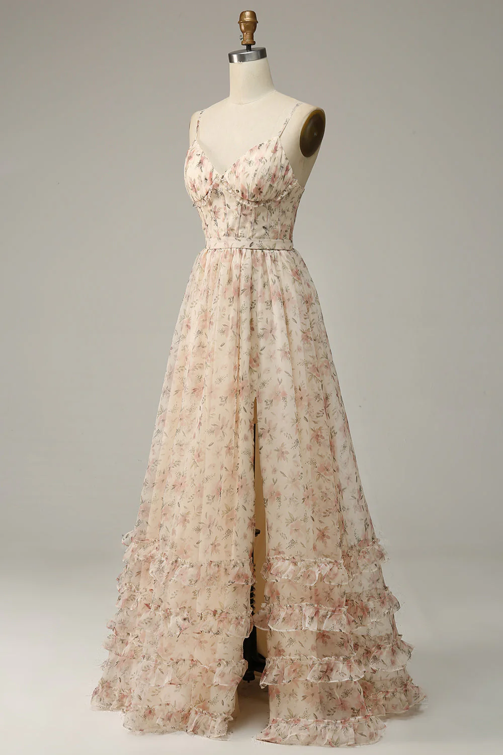 Apricot A Line Print Prom Dress with Slit - VNBITS