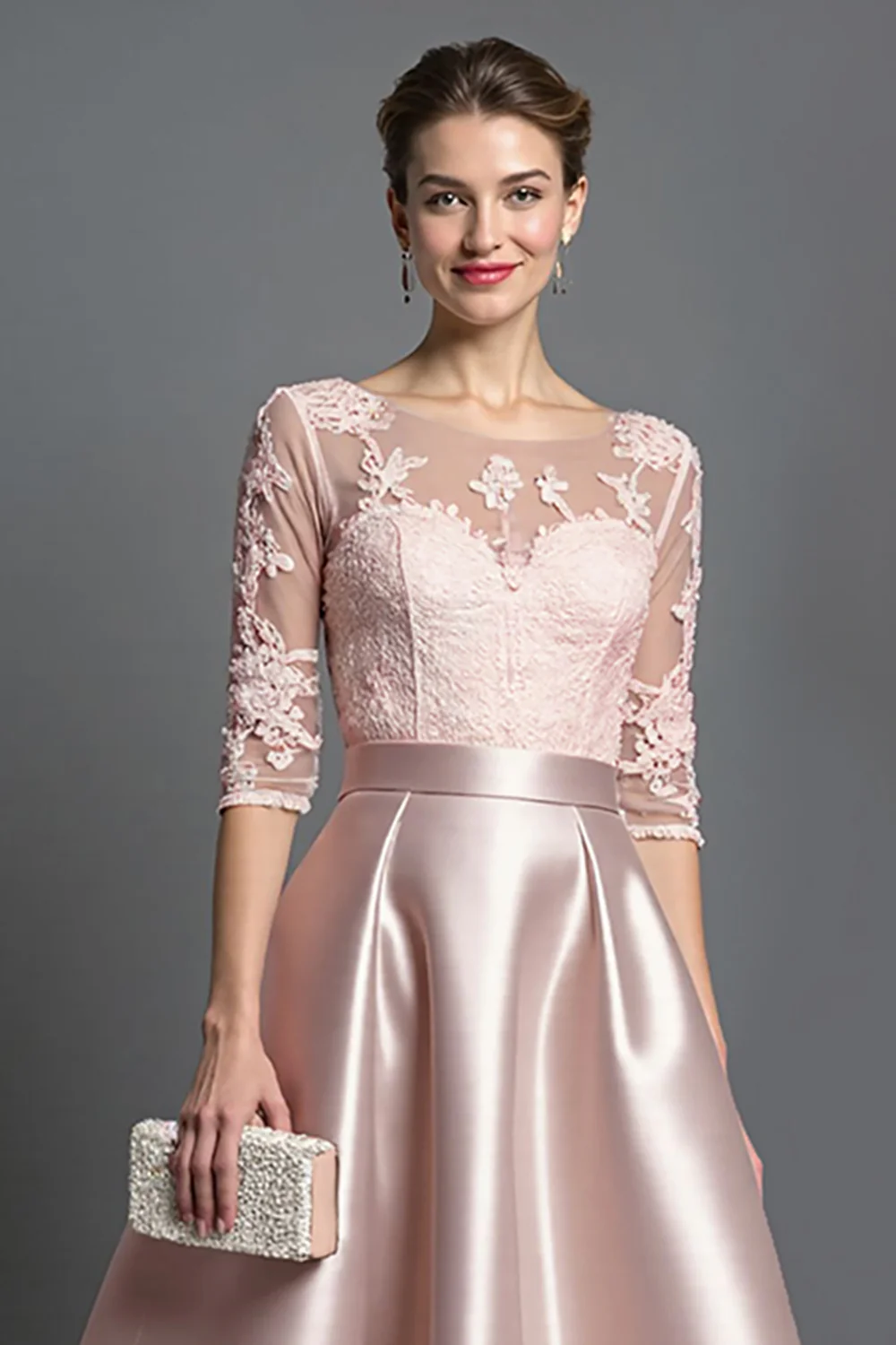 Apricot Satin A Line Long Mother of the Bride Dress with Lace - VNBITS