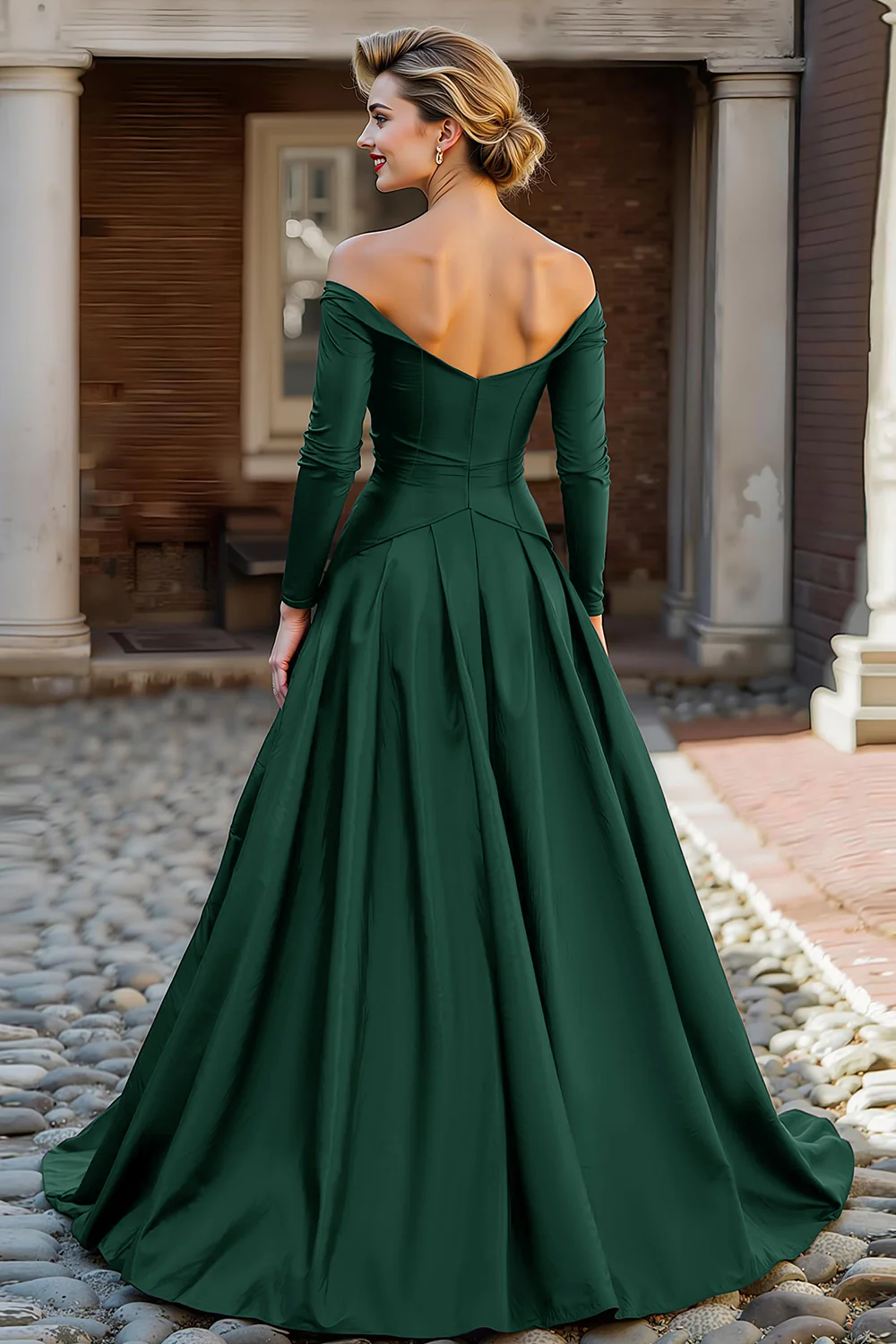 Plum Off the Shoulder A Line Long Mother of the Bride Dress with Sleeves - VNBITS