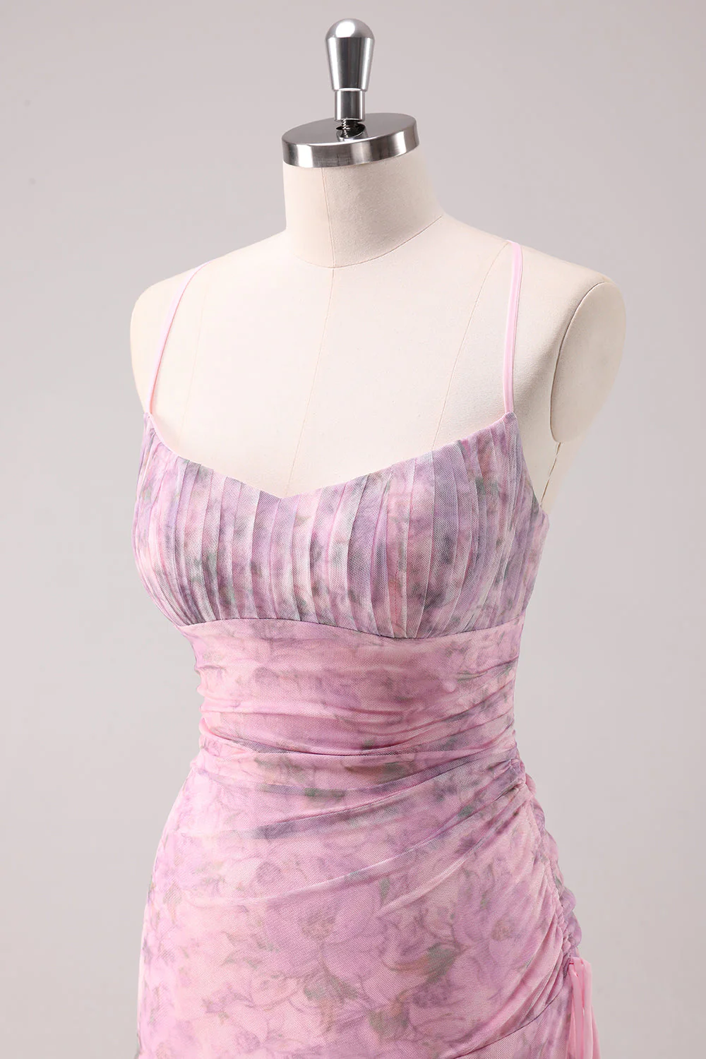 Pink Floral Spaghetti Straps Sheath Long Prom Dress - VNBITS