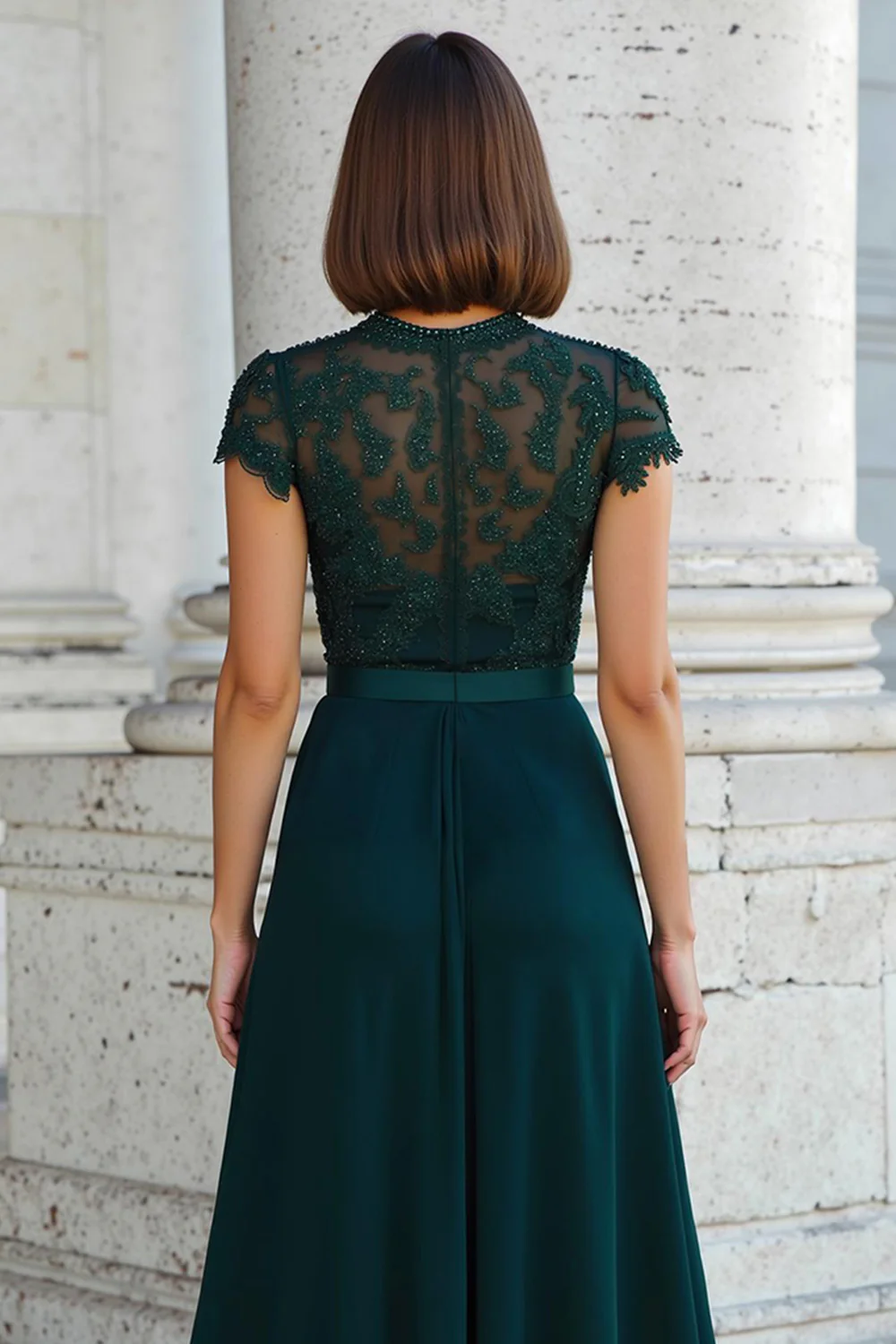 Peacock Green Round Neck Chiffon A-Line Long Mother of the Bride Dress with Beading - VNBITS