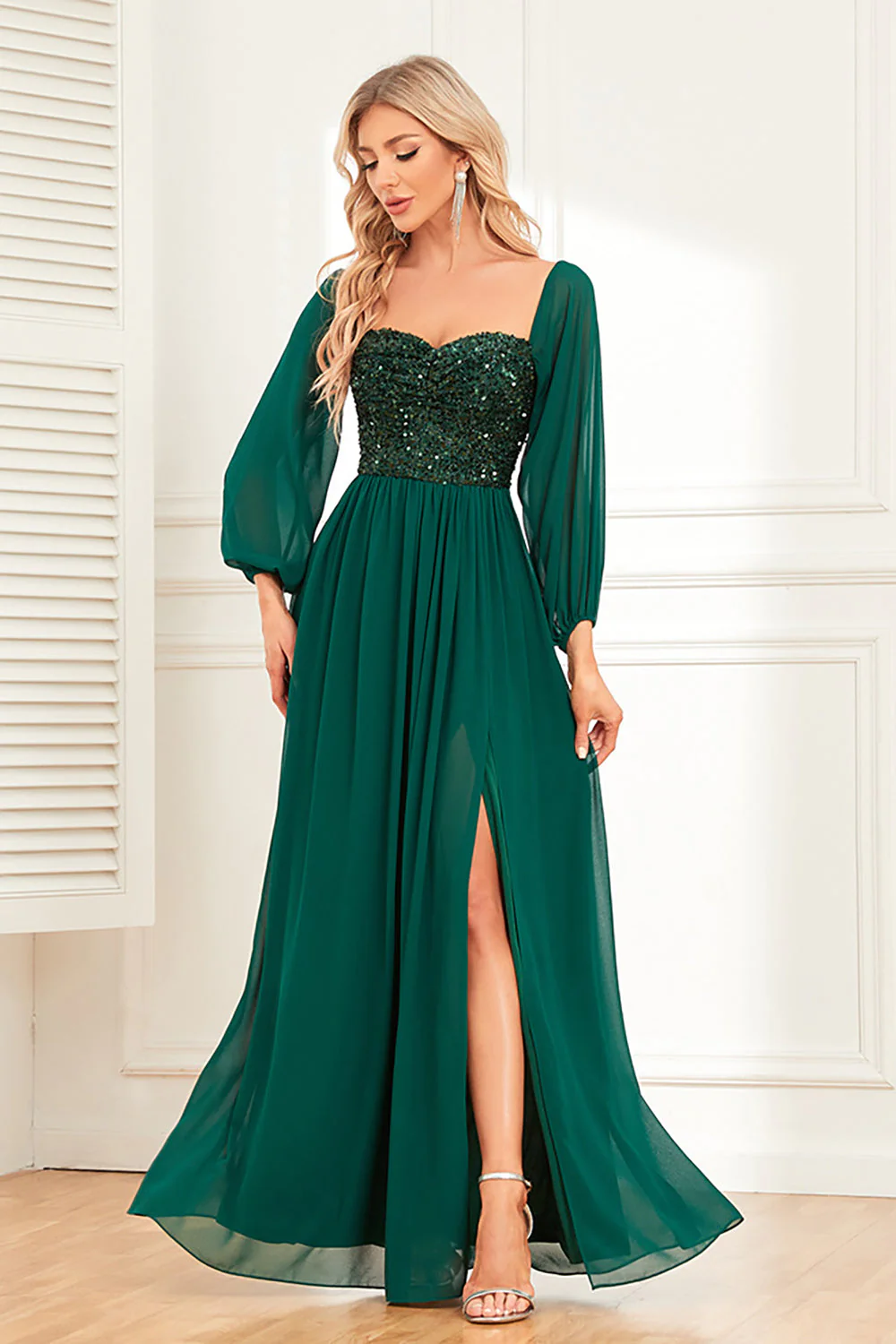 Sparkly Sweetheart Long Sleeves Pine Formal Dress with Sequins - VNBITS
