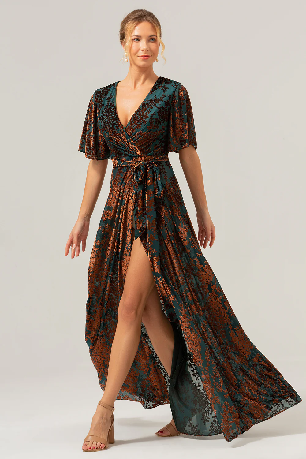 V-Neck Dark Green Mother of Bride Dress with Slit - VNBITS