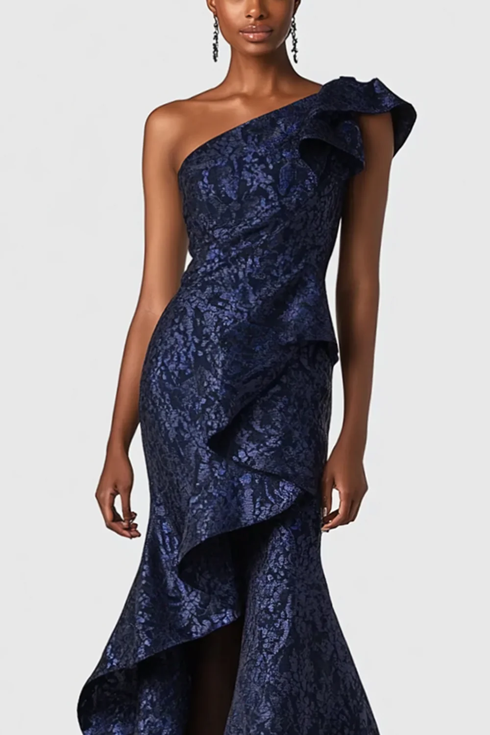Navy One Shoulder Ruffled Mermaid Formal Dress - VNBITS
