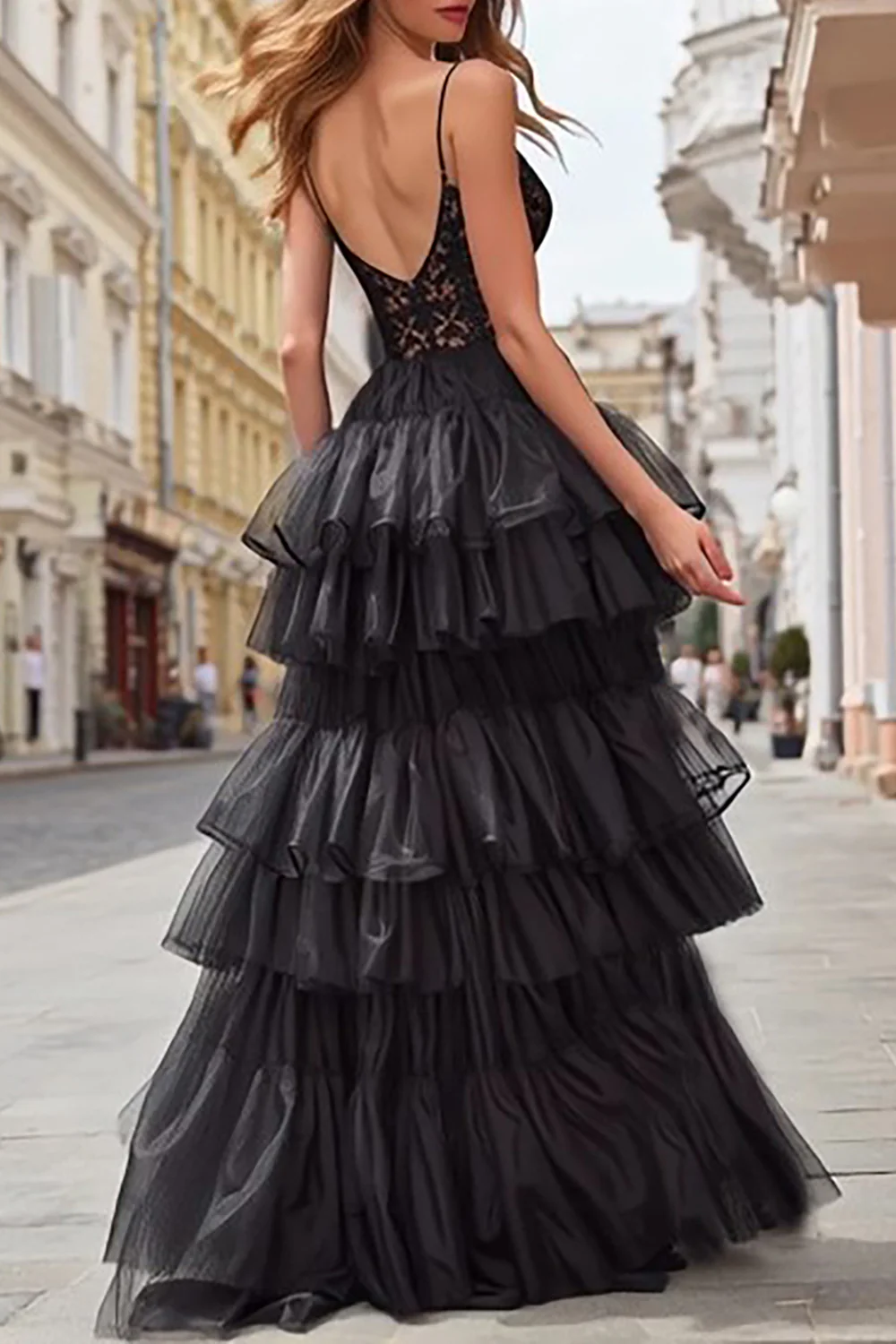 Black Tulle Tiered Corset Spaghetti Straps Long Prom Dress with Lace - VNBITS