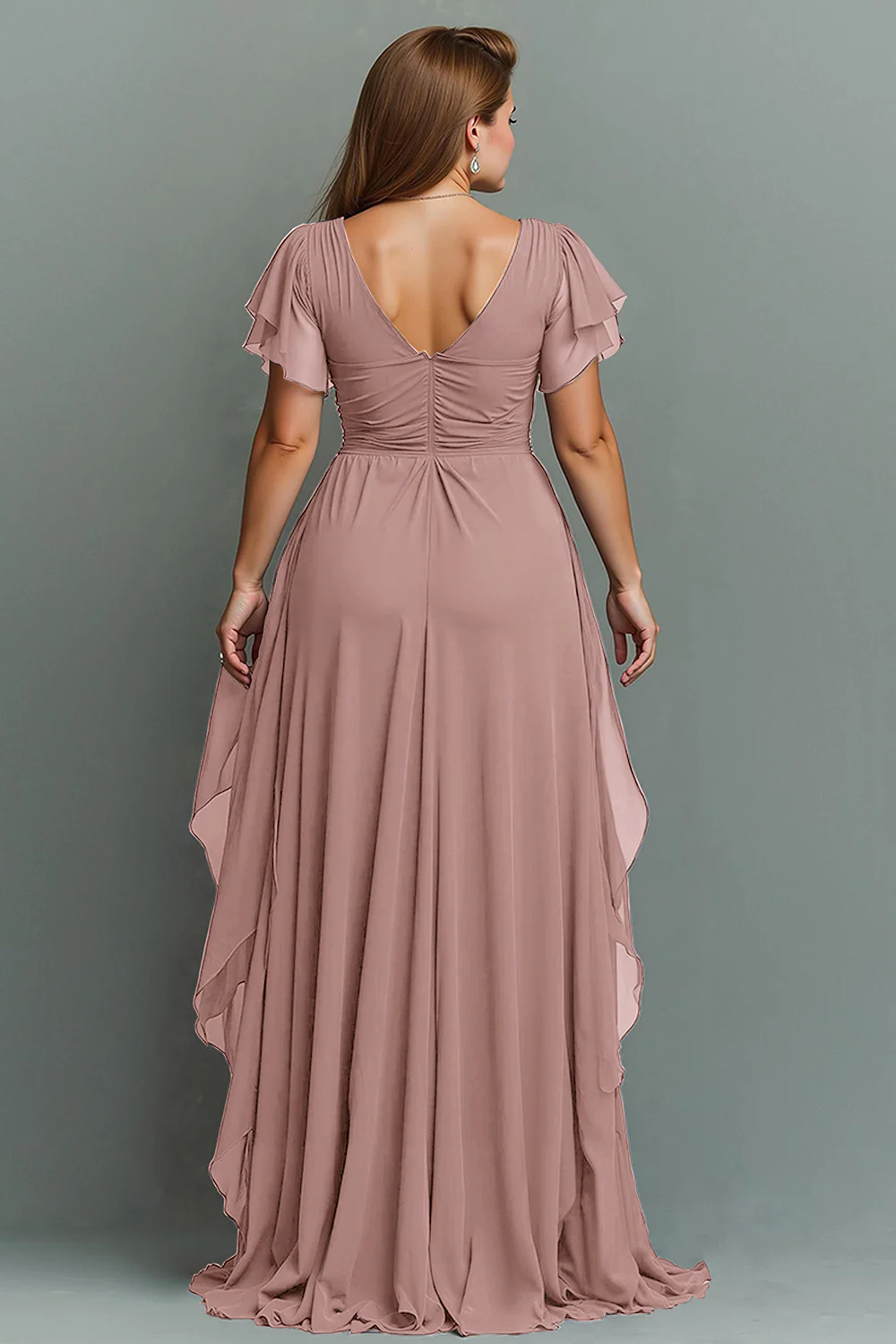 Navy Chiffon V-Neck Ruched Long  with Ruffles - VNBITS
