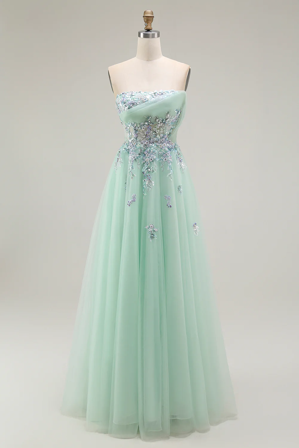 Green Strapless A Line Floral Long Prom Dress with Appliques - VNBITS