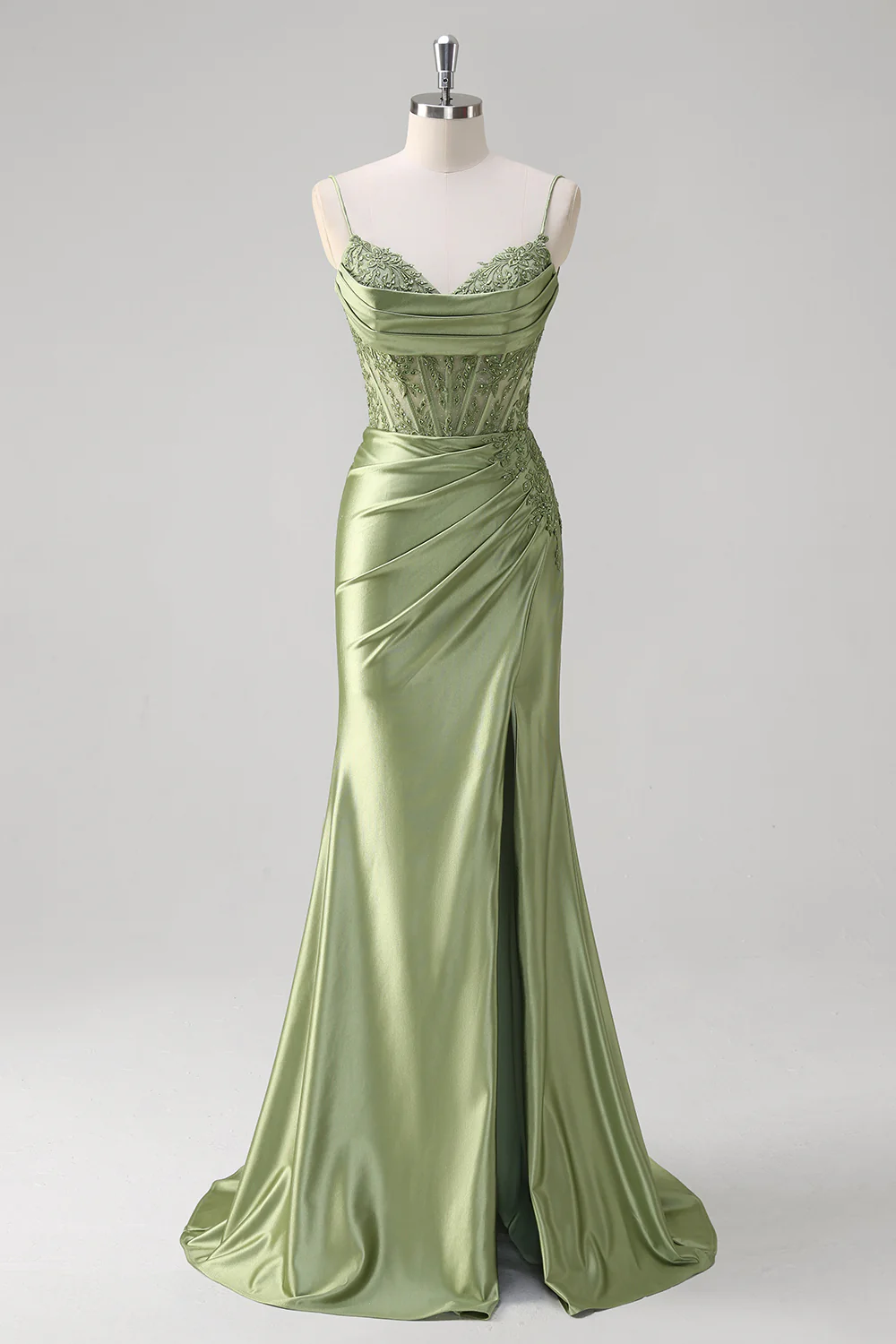 Green Mermaid Applique Spaghetti Straps Corset Long Prom Dress with Slit - VNBITS