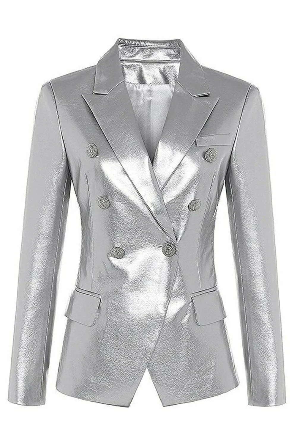 Black PU Double Breasted Women Blazer - VNBITS