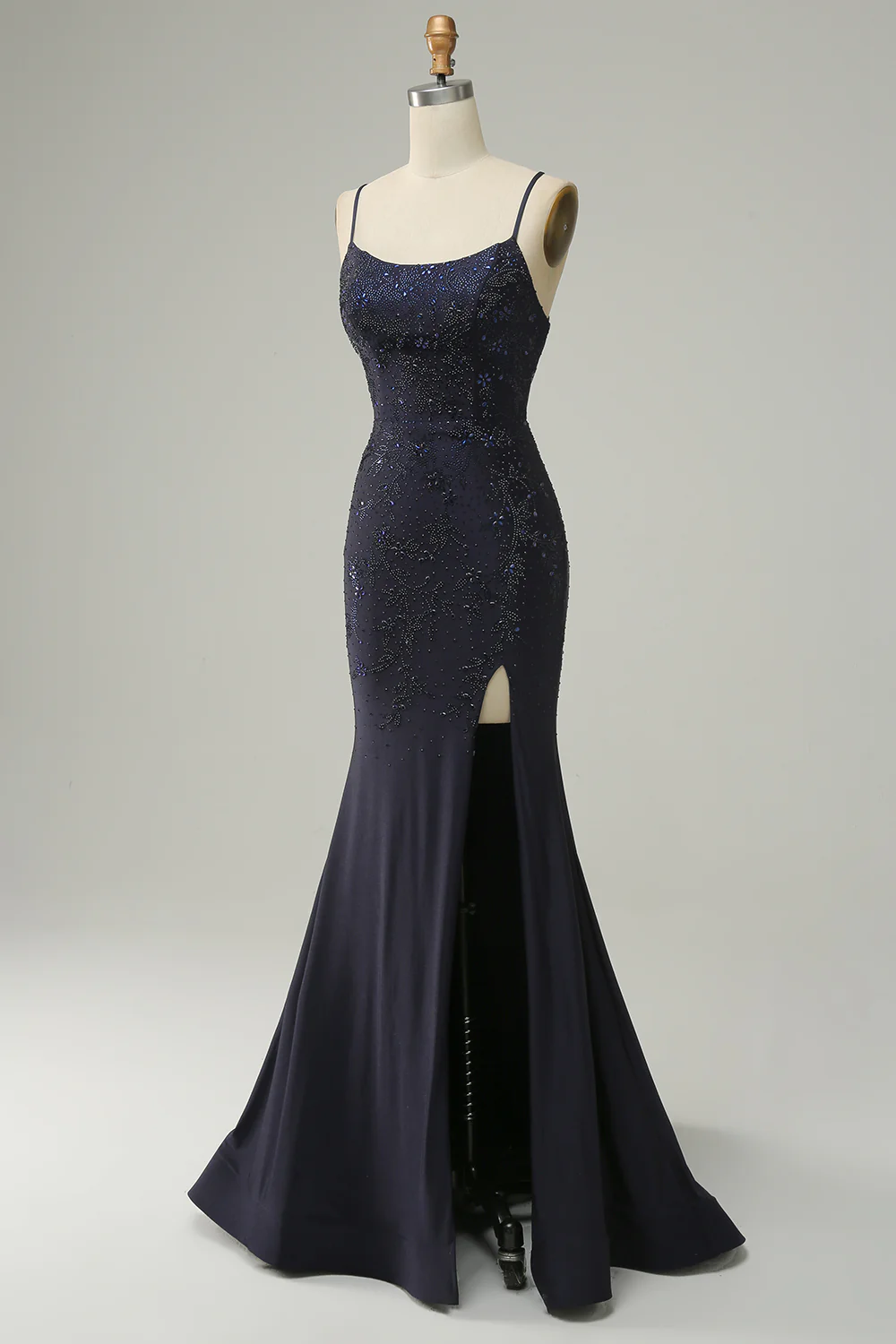 Navy Strapless Sweetheart Beaded Prom Dress with Split - VNBITS