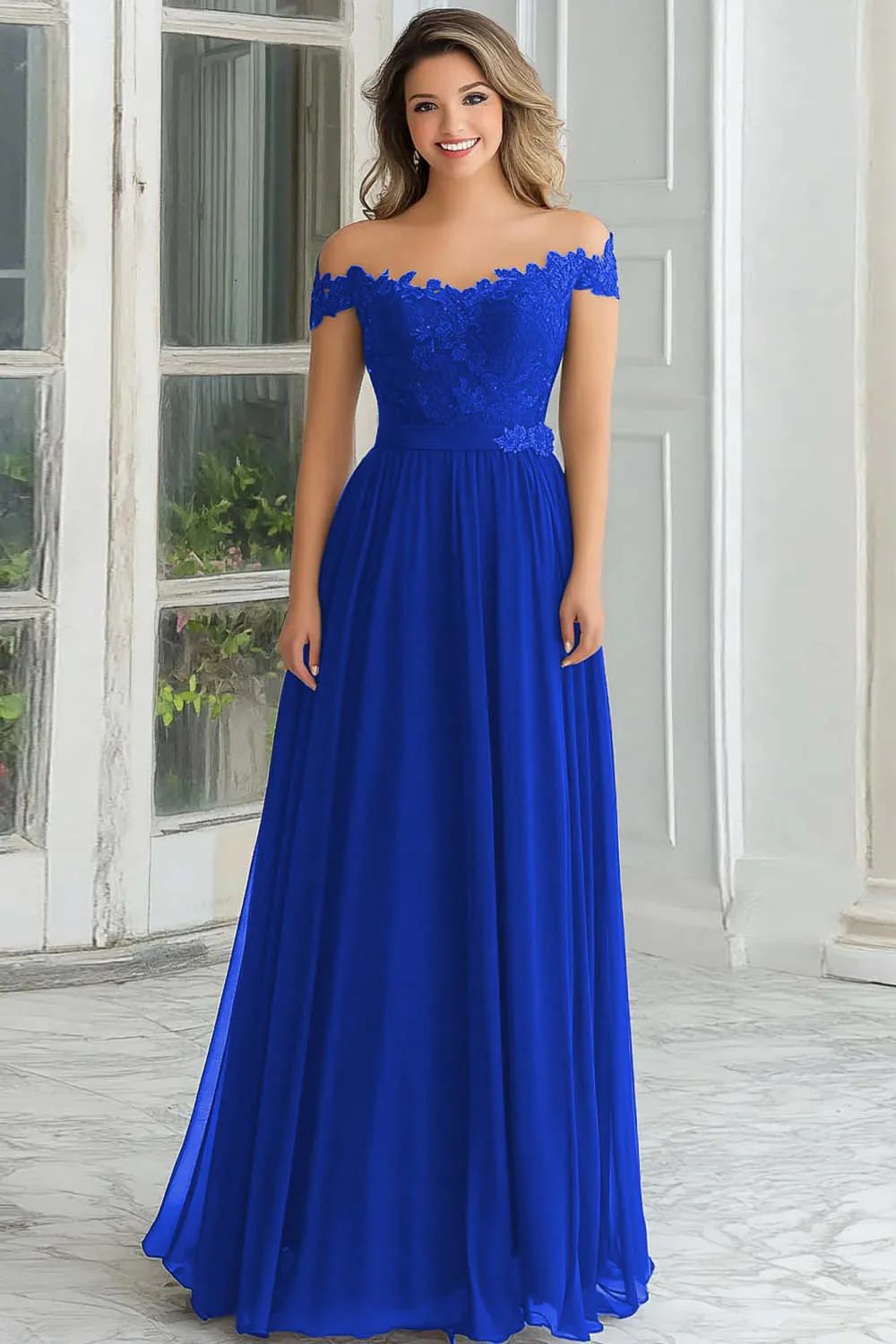 Elegant A-Line Navy Off the Shoulder Chiffon Long Mother Of the Bride Dress with Lace Appliques - VNBITS
