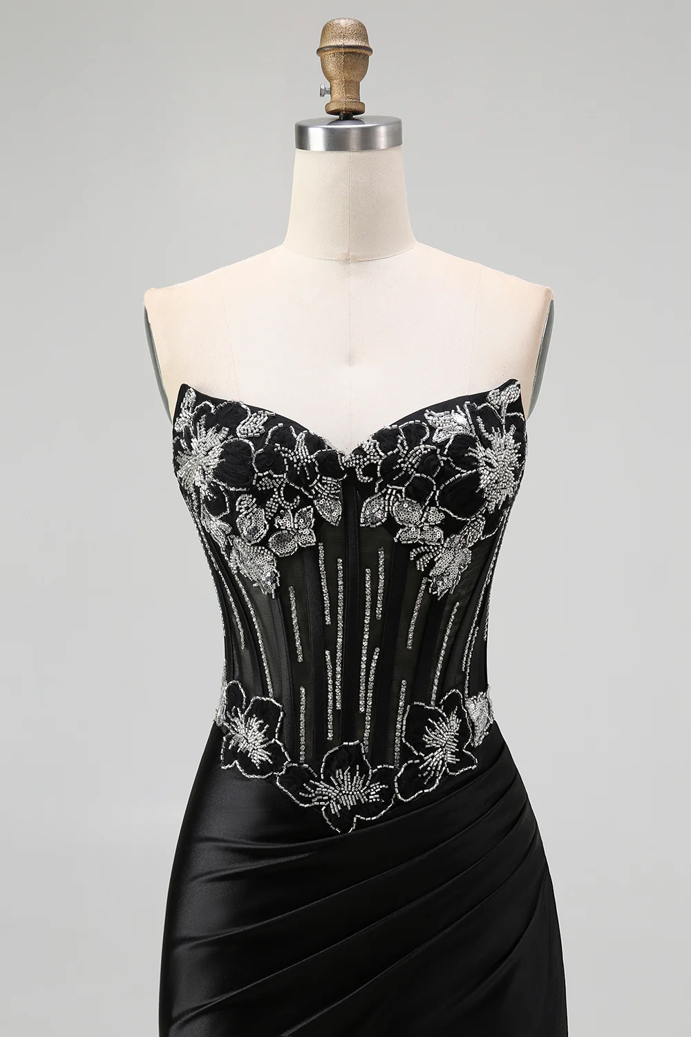 Sparkly Black Corset Mermaid Beaded Long Prom Dress with Slit - VNBITS