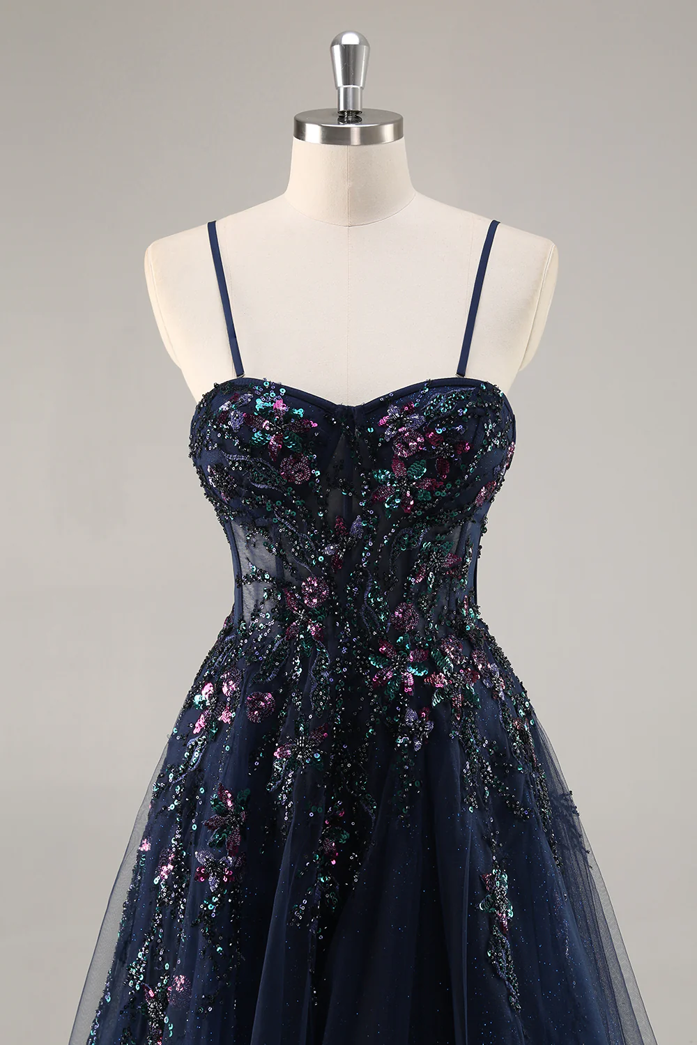 Sparkly Navy Corset Sweetheart Long Prom Dress with Appliques - VNBITS