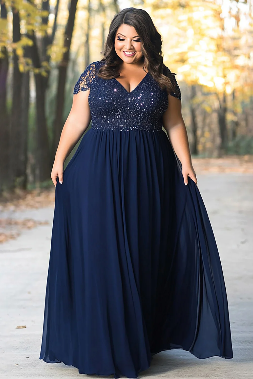 Navy Plus Size Lace A Line Long Mother of the Bride Dress - VNBITS