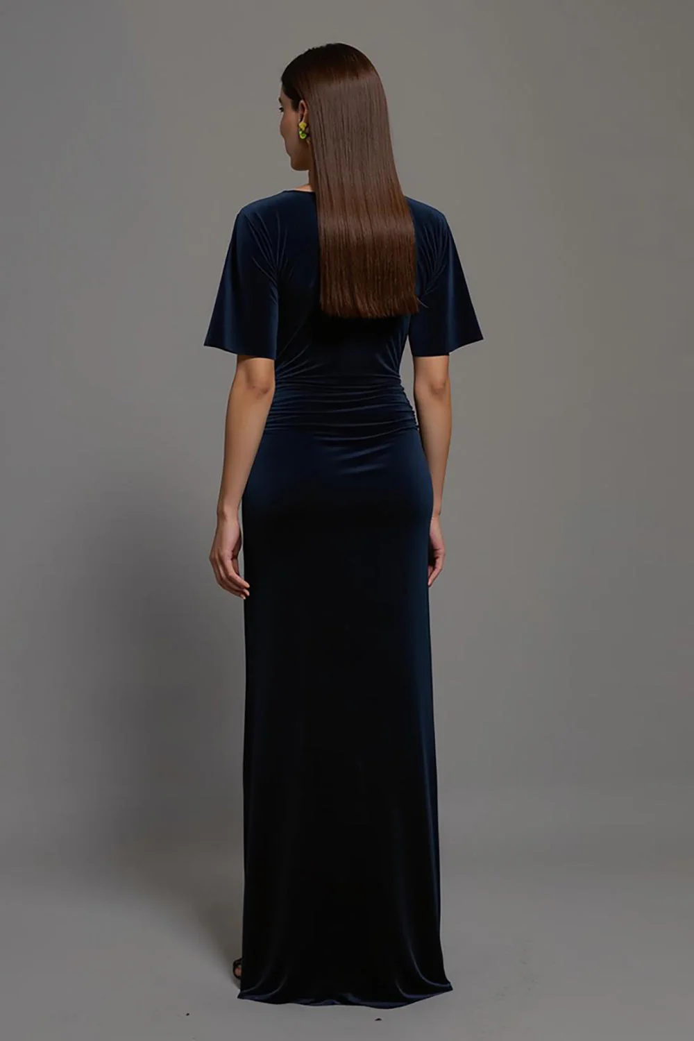 Navy Velvet Bateau Neck Sheath Long Formal Dress with Sleeves - VNBITS