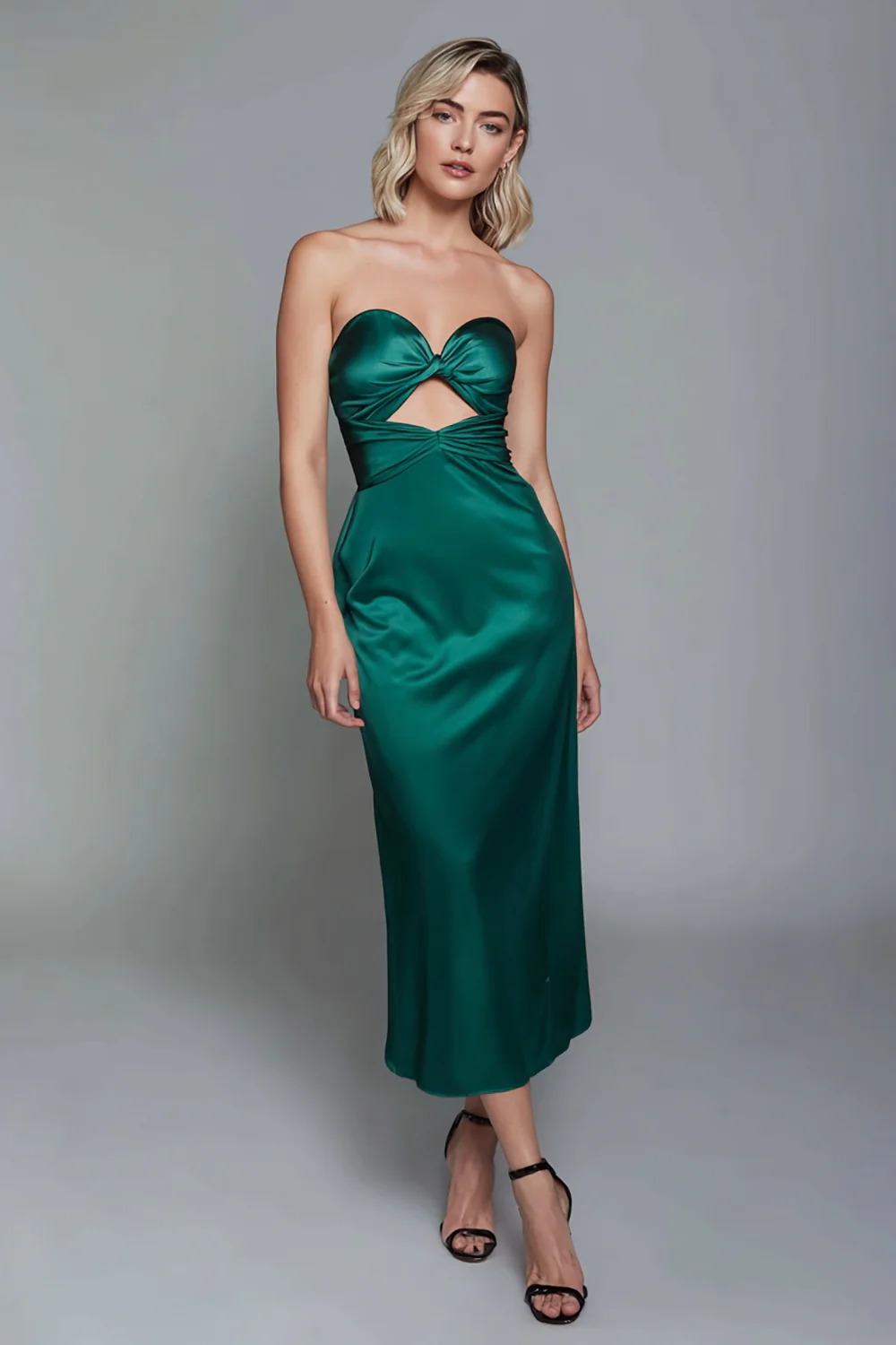 Dusty Blue Sweetheart Sheath Cut Out Satin Ankle Length Formal Dress - VNBITS