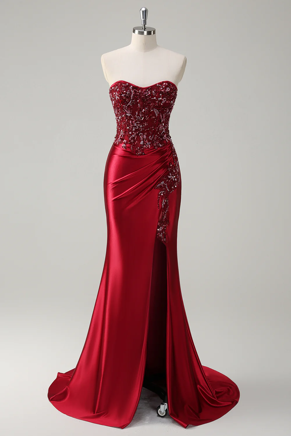 Sparkly Burgundy Floral Mermaid Beaded Corset Long Prom Dress with Slit - VNBITS