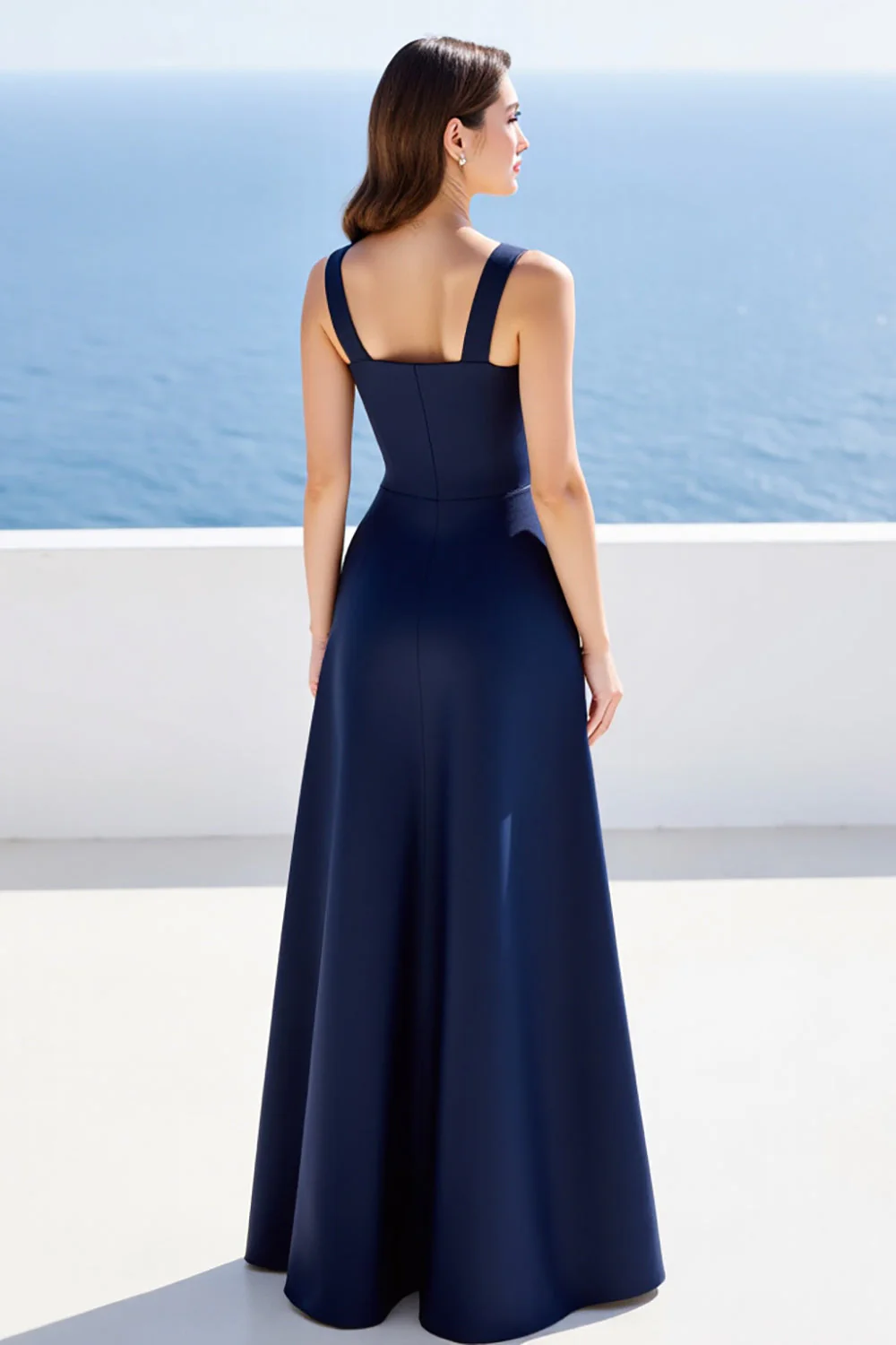 Navy Satin Square Neck A Line Long Formal Dress with Slit - VNBITS