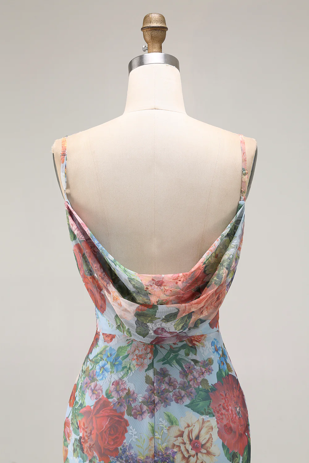 Blue Floral Spaghetti Straps Long Wedding Guest Dress with Slit - VNBITS
