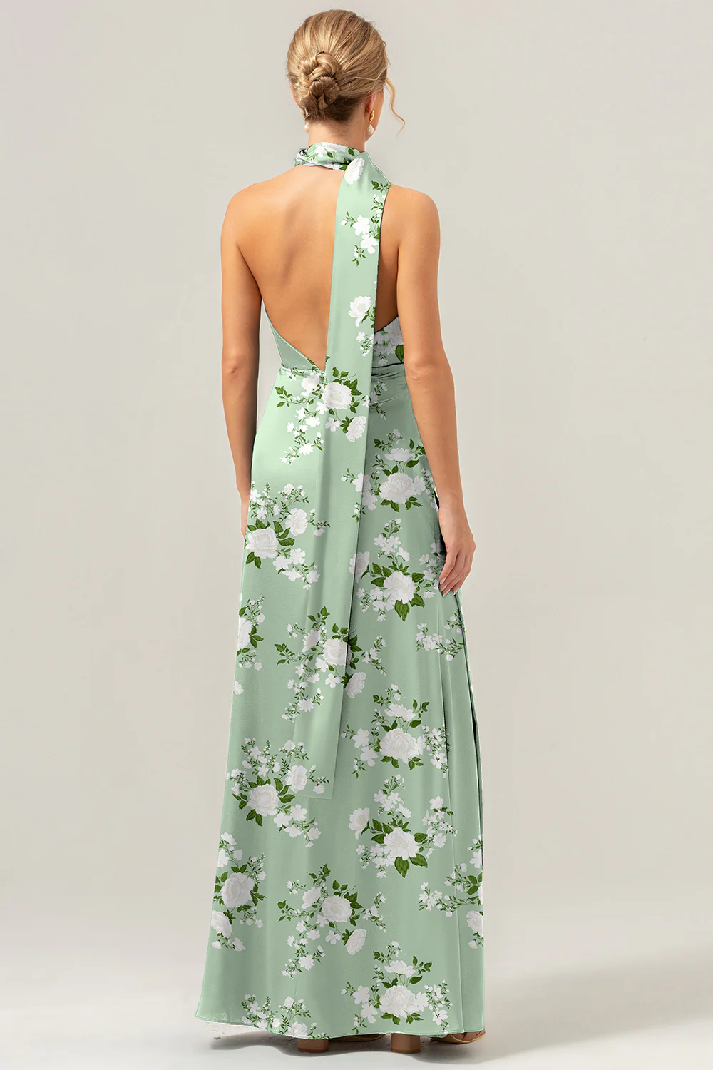 Sage White Flower Sheath Halter Long Prom Dress with Slit - VNBITS