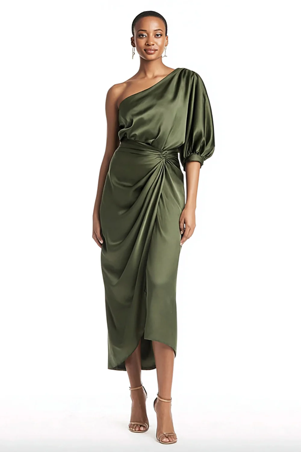 Olive One Shoulder Satin Mermaid Tea Length Formal Dress with Sleeves - VNBITS