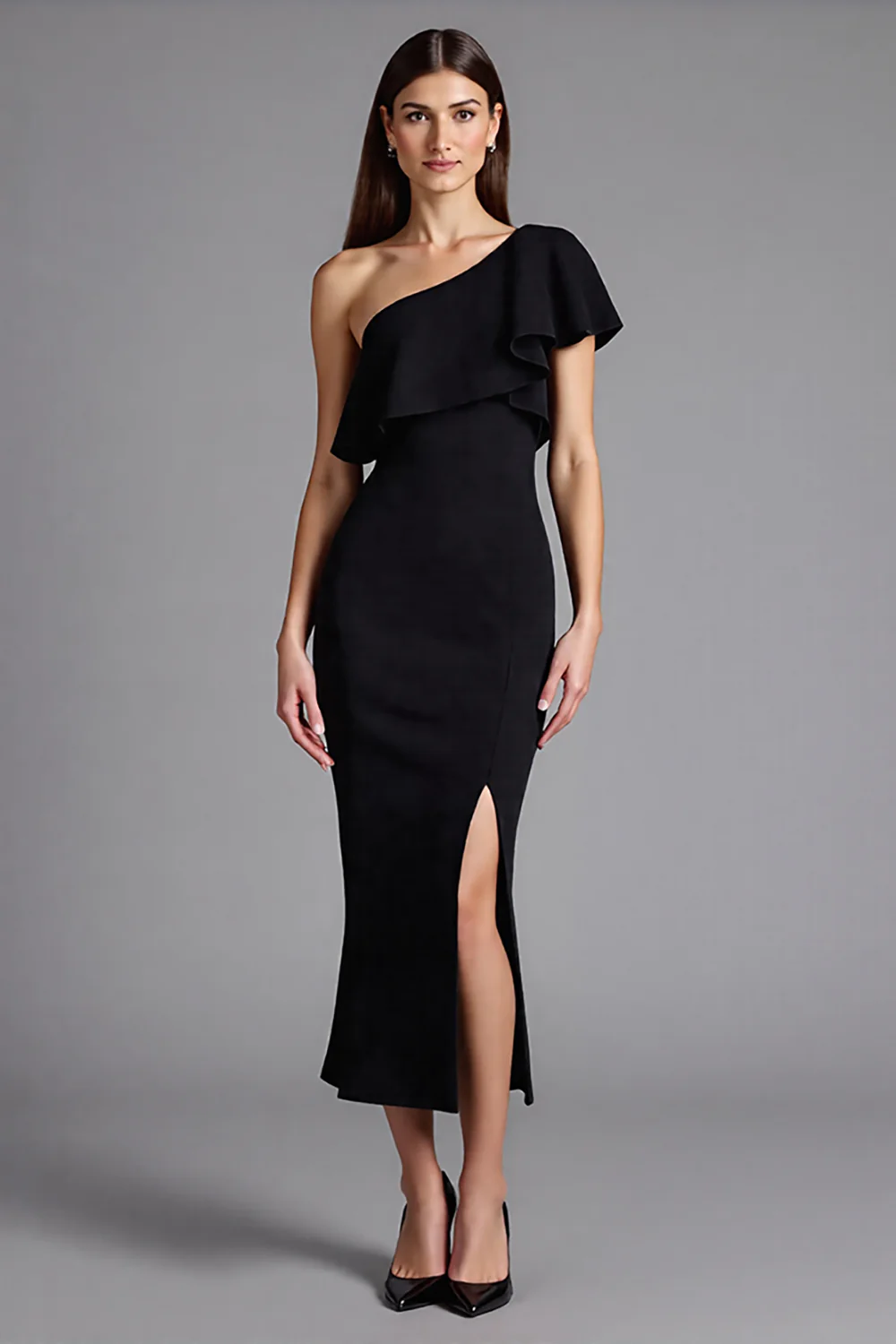 Satin One Shoulder Ruffled Long Black Tie Dress with Slit - VNBITS