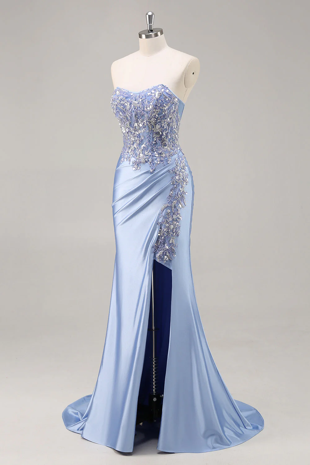 Sparkly Dark Green Corset Satin Mermaid Long Prom Dress with Slit - VNBITS