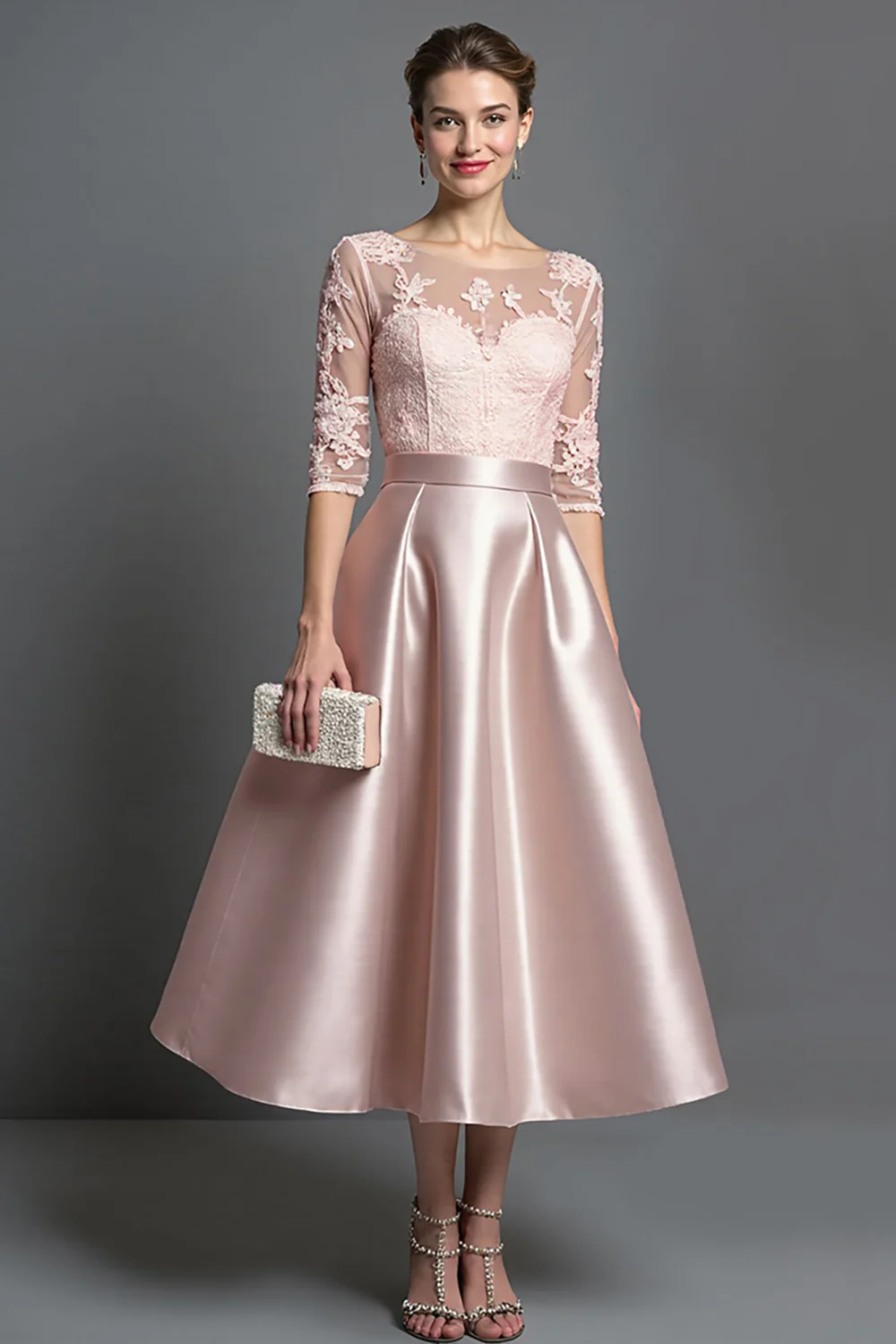Apricot Satin A Line Long Mother of the Bride Dress with Lace - VNBITS