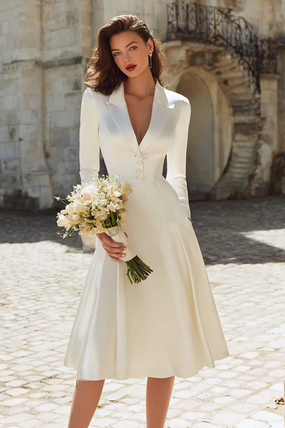 Ivory Peak Lapel A Line Midi Engagement Blazer Dress with Sleeves - VNBITS