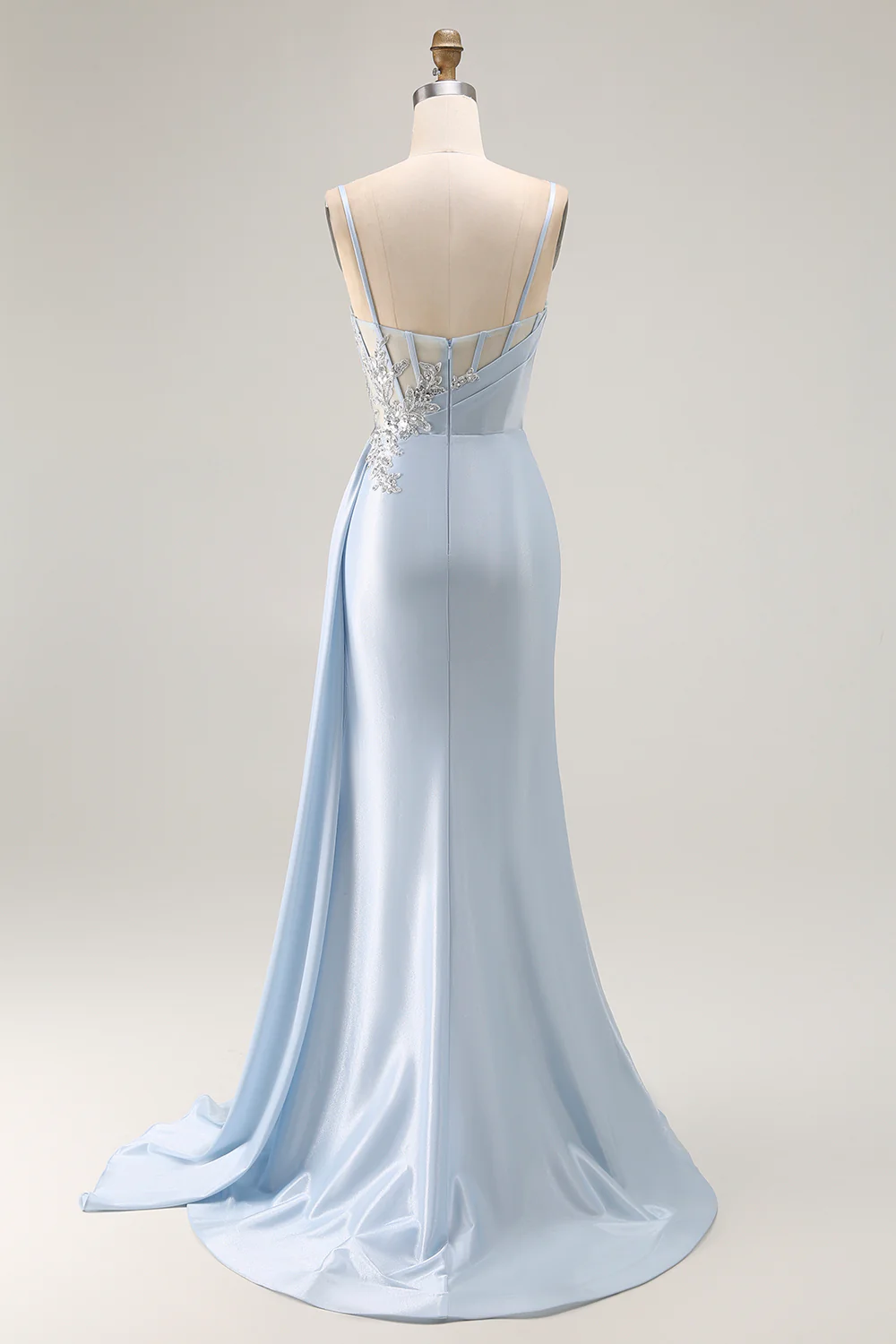 Sparkly Light Blue Mermaid Corset Ruched Long Prom Dress with Slit - VNBITS