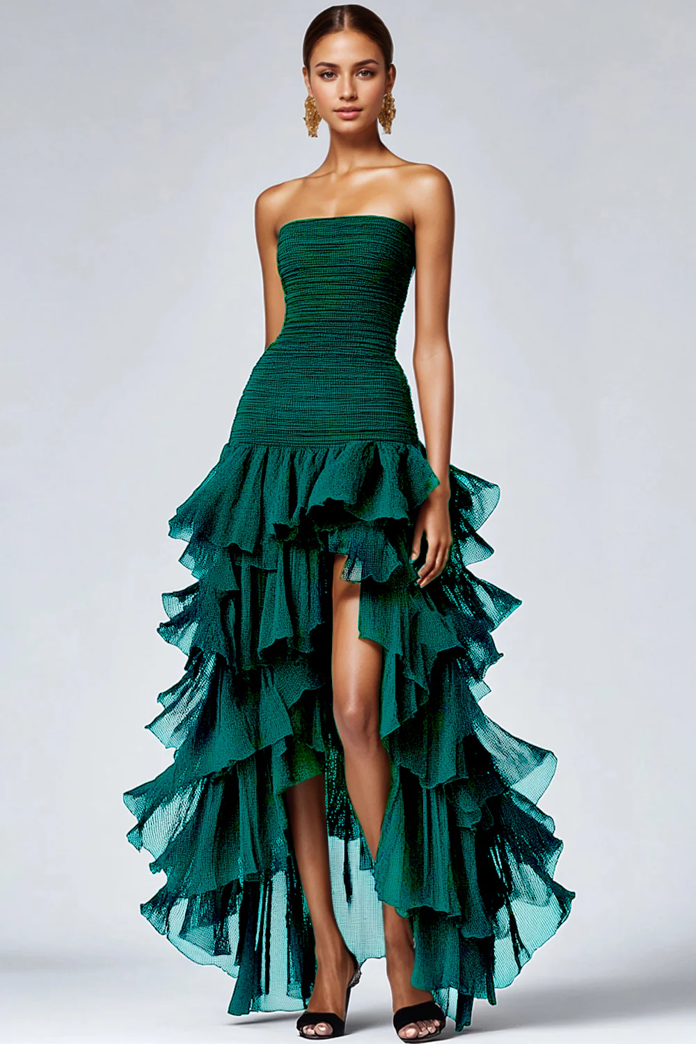A Line Black Strapless Tiered Formal Dress with Slit - VNBITS