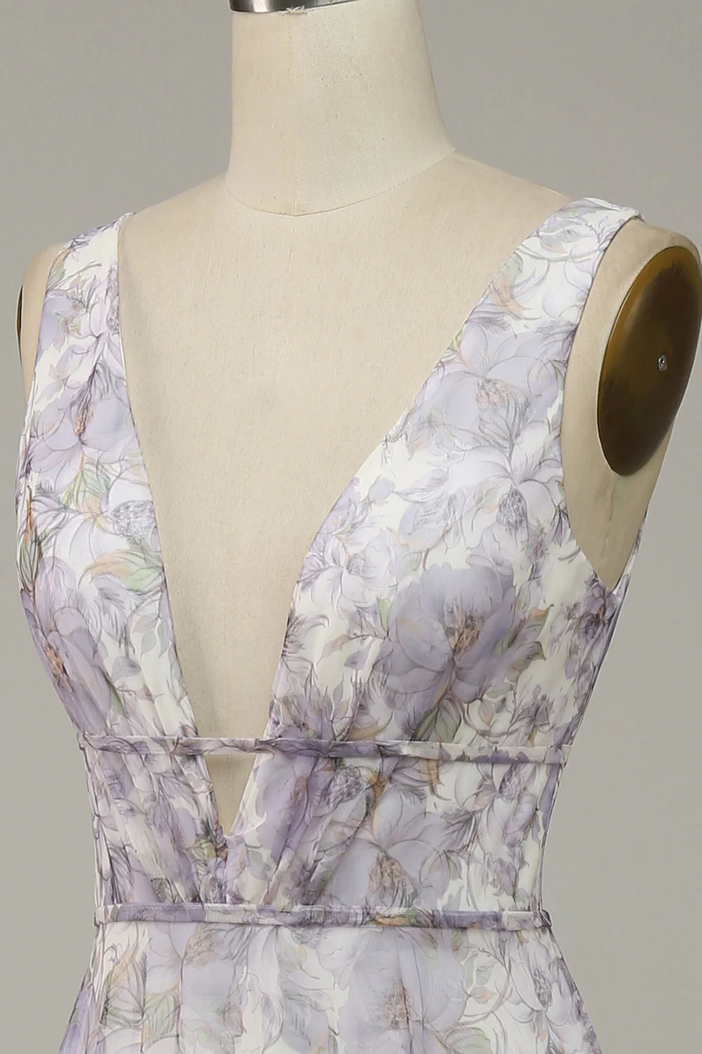 Iovry Purple Printed V-Neck Prom Dress With Slit - VNBITS
