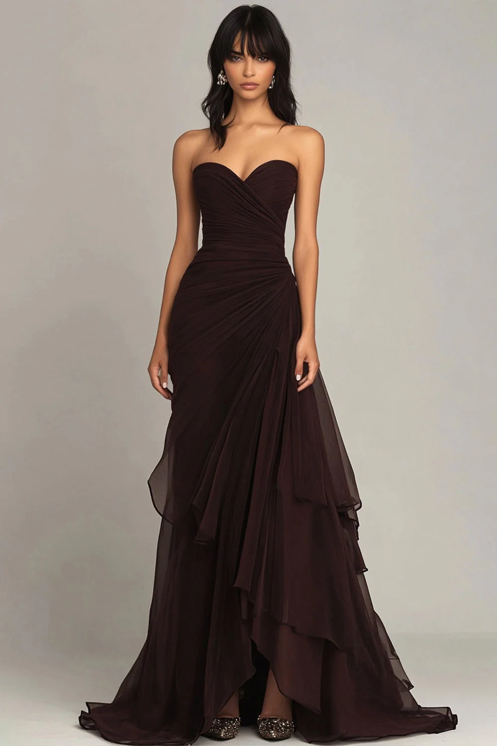 Black Sweetheart Ruched Ruffled Long Formal Dress - VNBITS