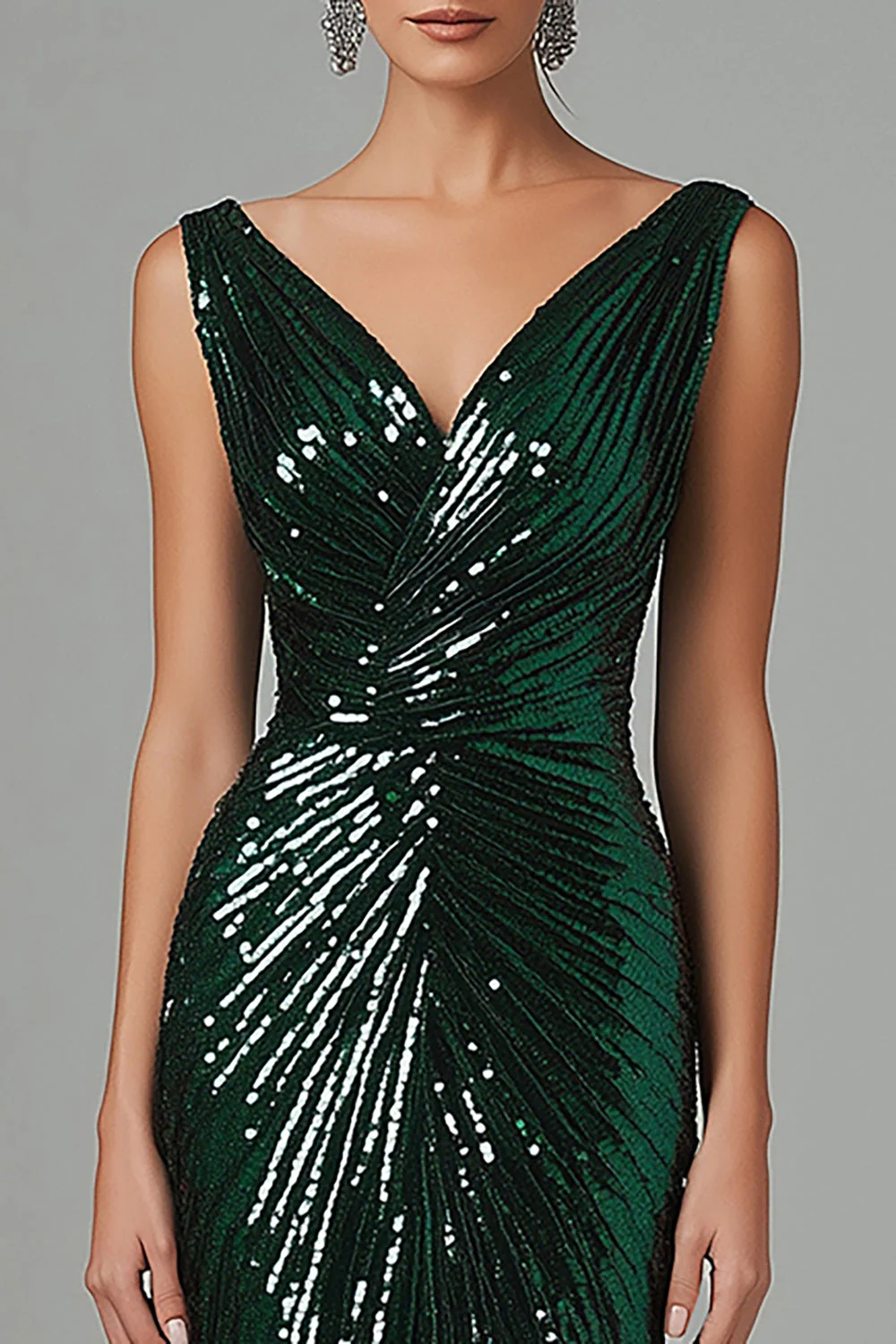 Dark Green Mermaid V-Neck Sequins Pleated Formal Dress - VNBITS