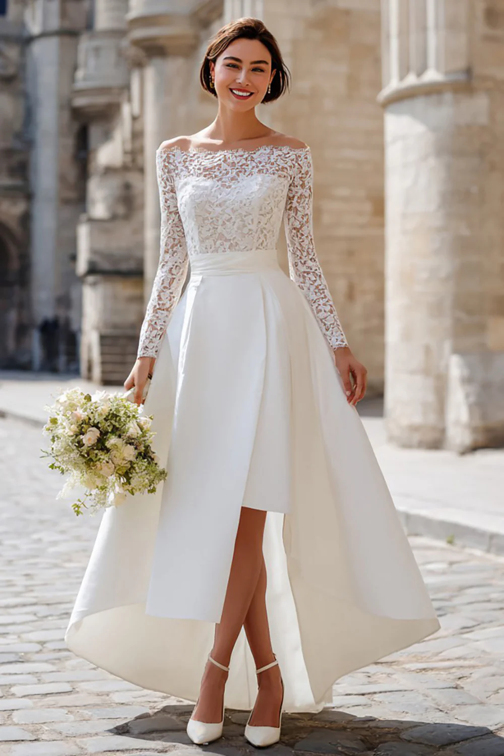 Ivory Off the Shoulder High Low Boho Wedding Dress with Lace - VNBITS