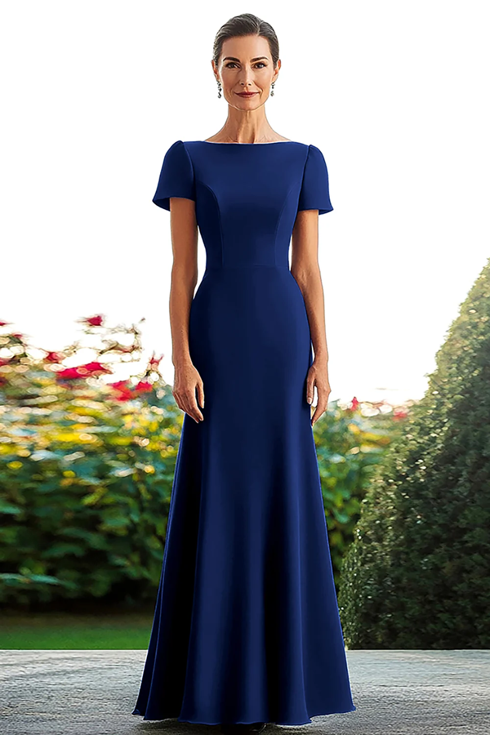 Satin Royal Blue Sheath Long Mother of the Bride Dress with Short Sleeves - VNBITS