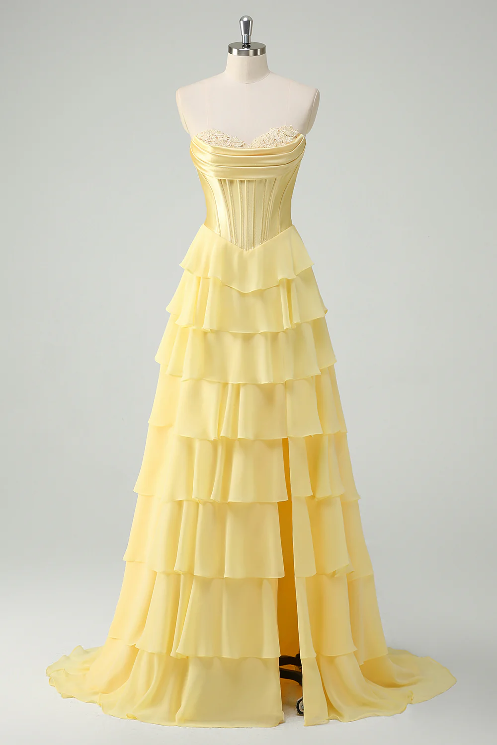 Yellow A-Line Tiered Sweetheart Long Prom Dress with Slit - VNBITS