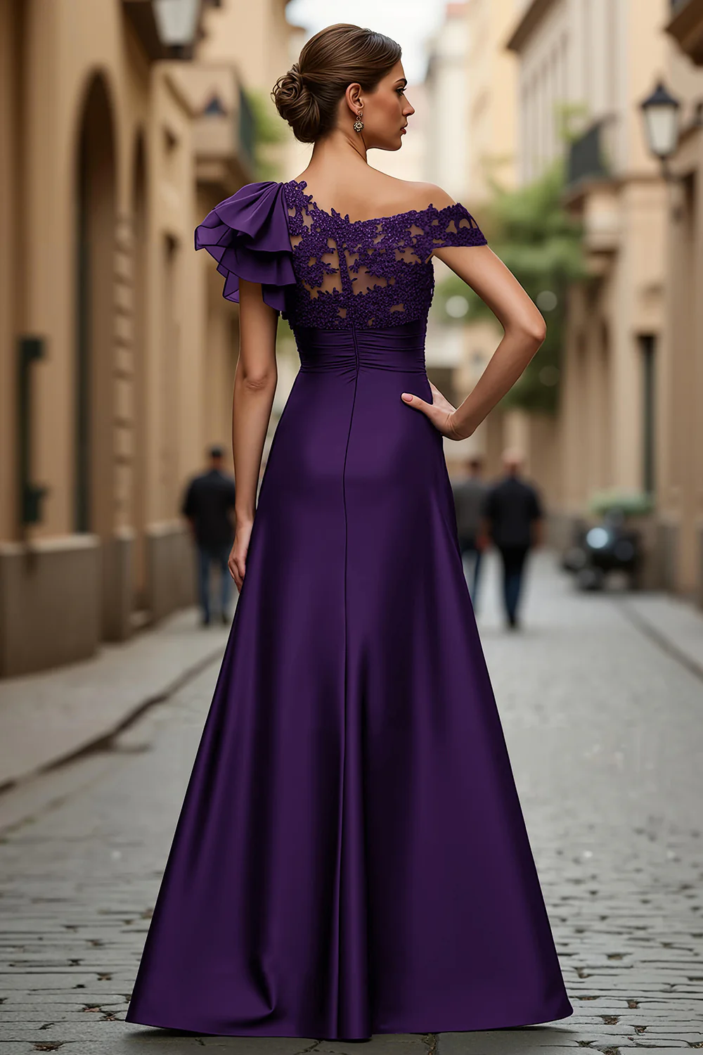 Black Chiffon Ruffled One Shoulder Long Mother of the Bride Dress with Lace - VNBITS