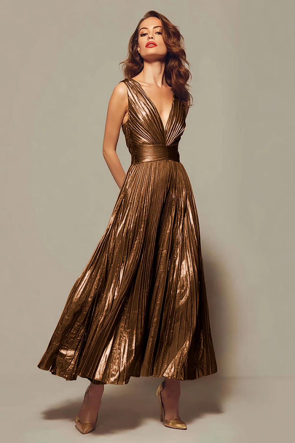 Sparkly Gold Metallic Pleated V-Neck A-Line Long Formal Dress - VNBITS
