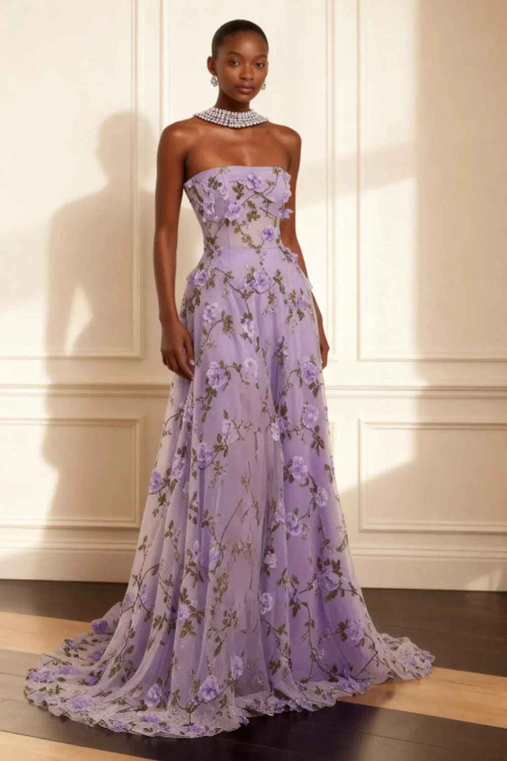 Purple Strapless A Line Floral Corset Long Prom Dress - VNBITS